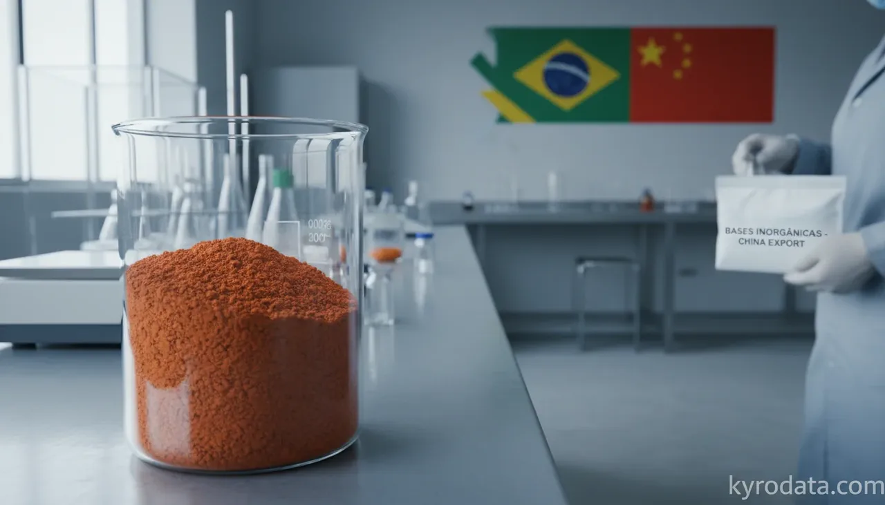 Ilustração editorial sobre exportação brasileira de Hidrazina e hidroxilamina, e seus sais inorgânicos; outras bases inorgânicas; outros óxidos, hidróxidos e peróxidos, de metais com China