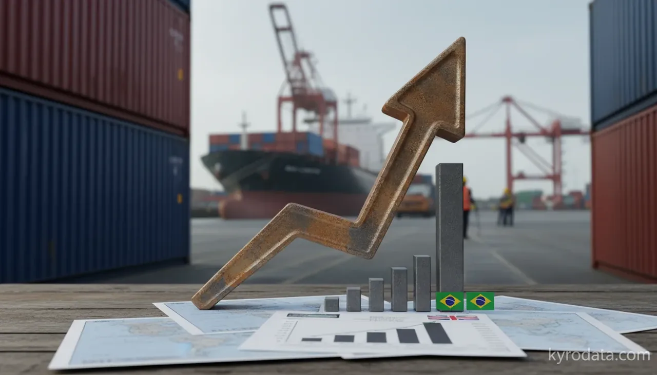 Ilustración editorial sobre exportación brasileña de Outras ligas de aço, em lingotes ou outras formas primárias; produtos semimanufacturados, de outras ligas de aço con Reino Unido