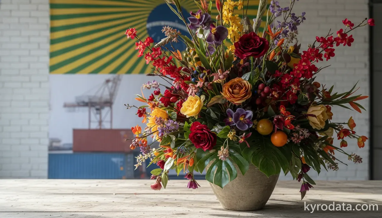 Ilustración editorial sobre importación brasileña de Flores, follaje y frutos, artificiales, y sus partes; artículos confeccionados con flores, follaje o frutos, artificiales con China