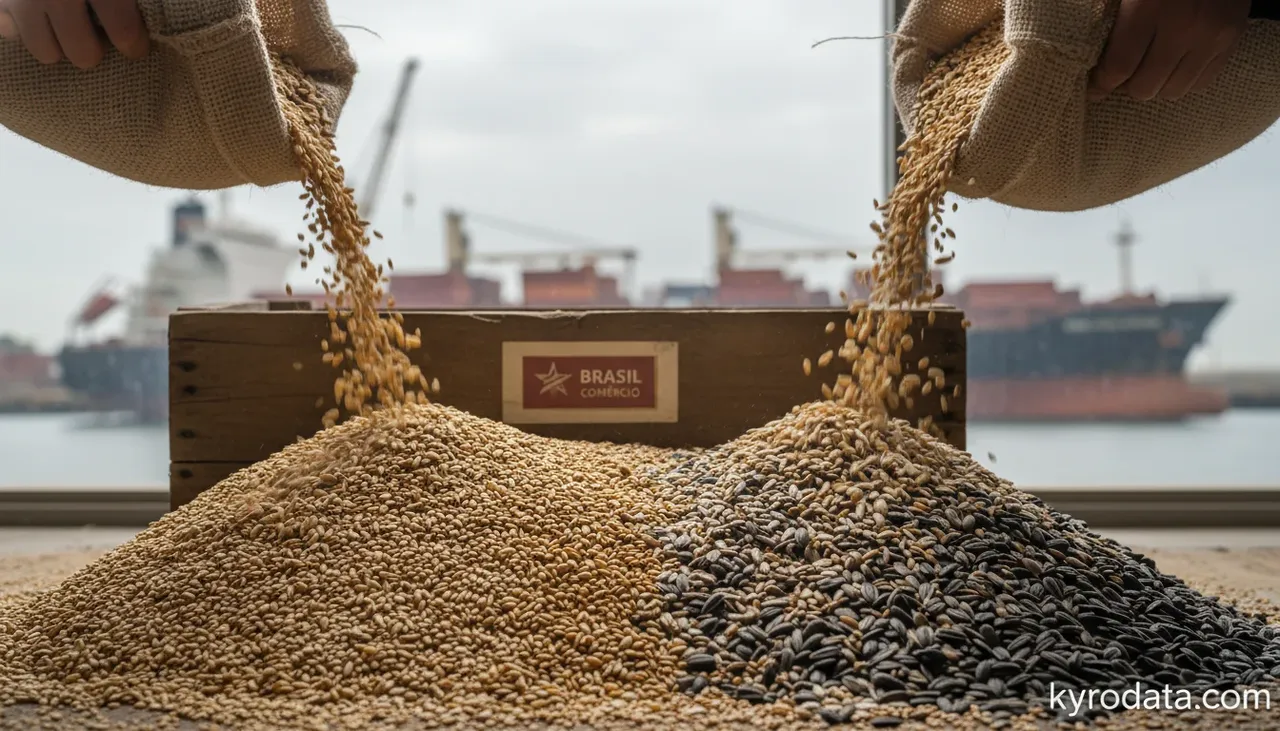 Ilustración editorial sobre exportación brasileña de Outras sementes e frutos oleaginosos, mesmo triturados con China