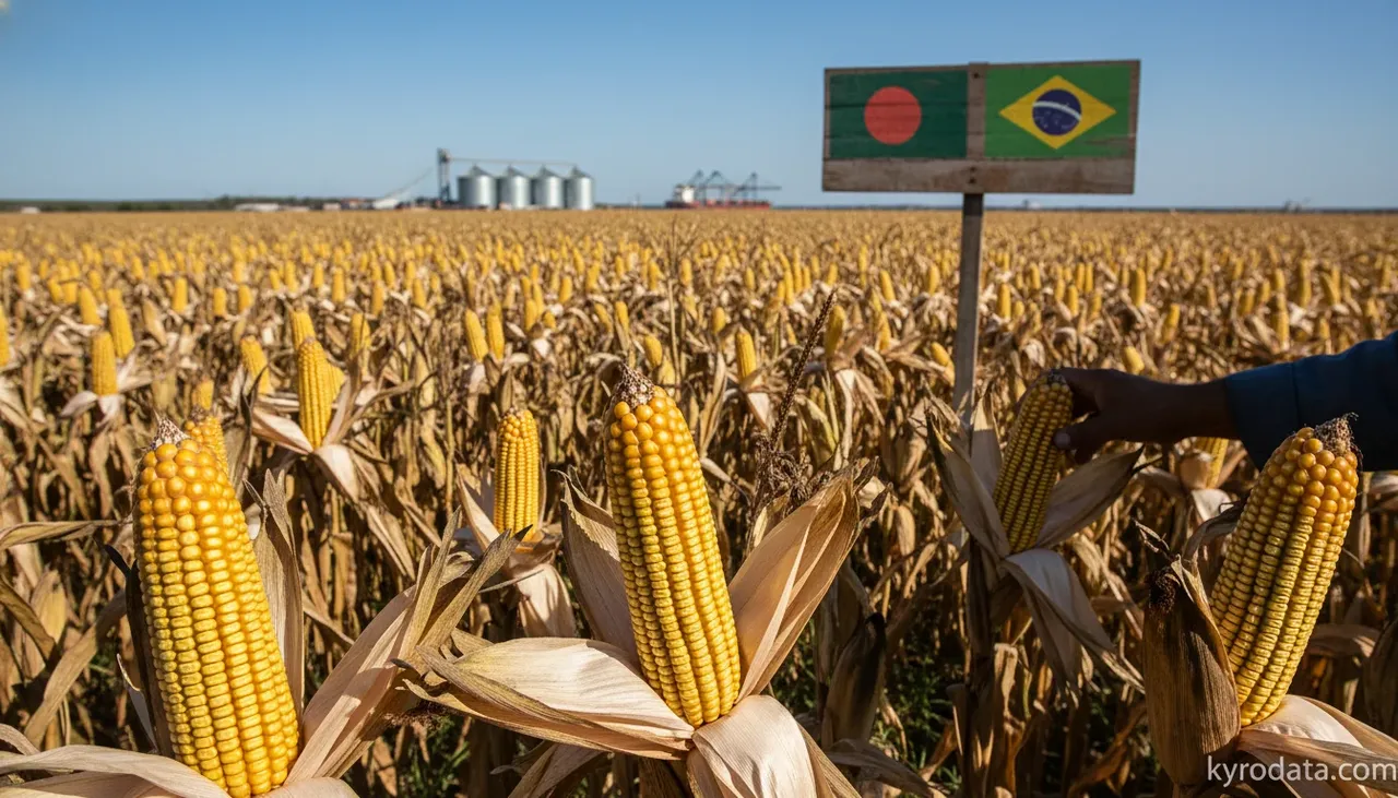 Ilustración editorial sobre exportación brasileña de Milho con Bangladesh