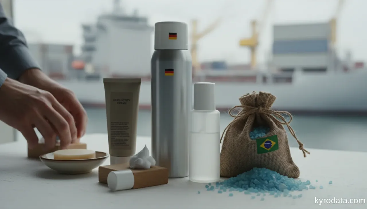 Editorial illustration on Brazil's imports of Pre-shave, shaving or after-shave preparations, personal deodorants, bath preparations, depilatories and other perfumery, cosmetic or toilet preparations, not elsewhere specified or included; prepared room deodorisers, whether or not perfumed or having di with Alemanha