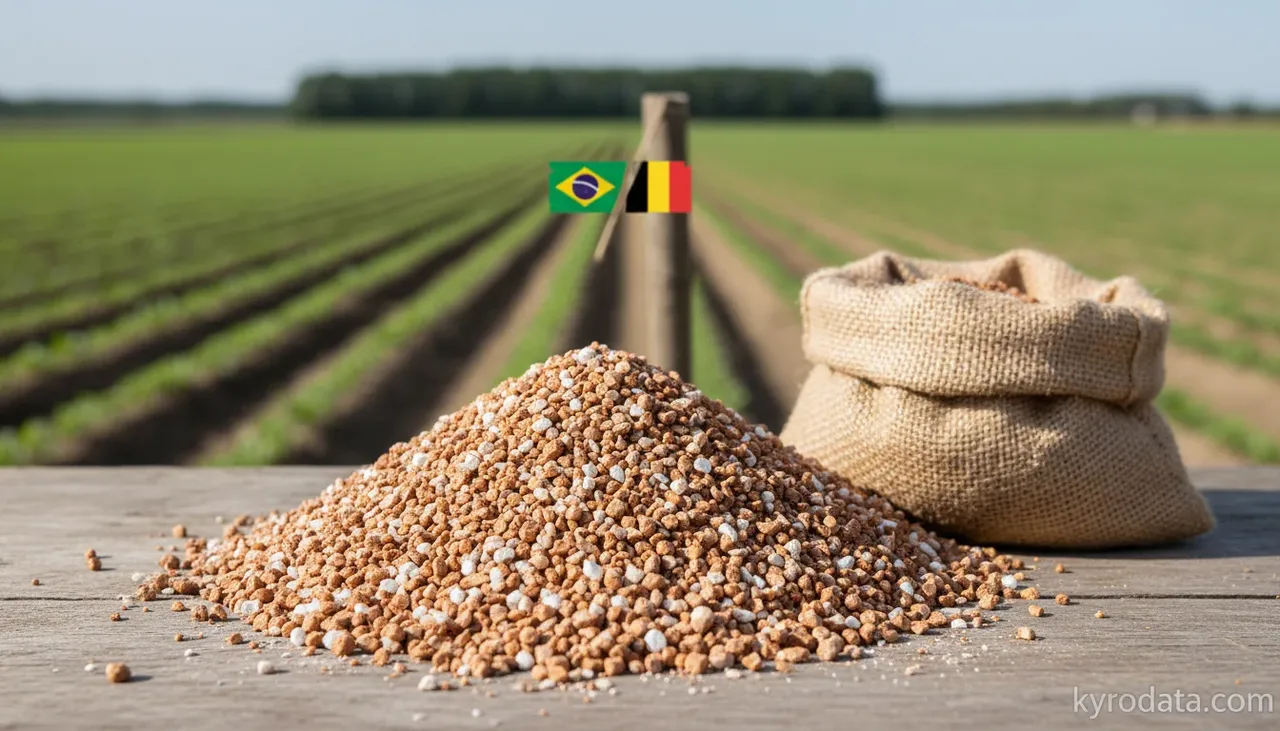 Ilustración editorial sobre importación brasileña de Adubos (fertilizantes) minerais ou químicos, potássicos con Bélgica